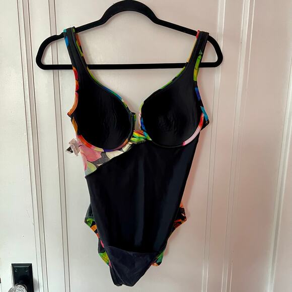 Miracalsuit Tropical Black Floral Print One Piece Suit SZ 12 - Picture 4 of 7